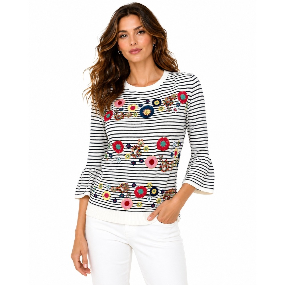 Talbots Womens Sweater Striped Floral Embellished Embroidered Medium Petite